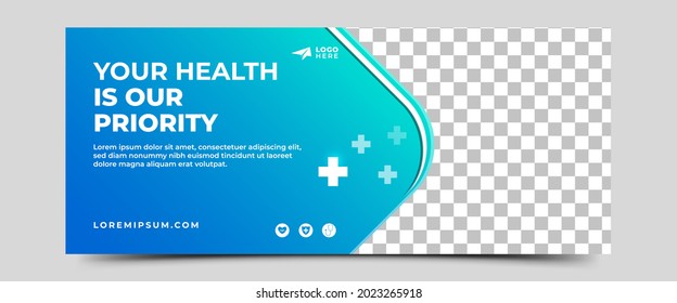 Medical horizontal banner template design. Gradient blue background color with place for the photo. Usable for banner, cover, header, and background.