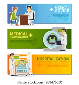 Medical horizontal banners set with examination advice and hospitalization elements isolated vector illustration