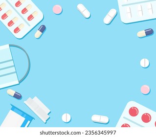 Medical horizontal with icons related to hospital, clinic. Flat color vector border, frame for design poster, flyer, brochure, web bage. Isolated illustration