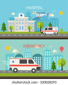 Medical horizontal web banner set with hospital building and emergency car, vector illustration.Concept of emergency service with ambulance car and emergency help helicopter, flat style.