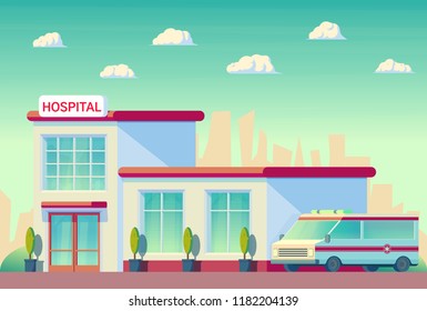 Medical hospital building with ambulance car. City center for medical care for patients. Emergency hospital. Flat vector illustration.