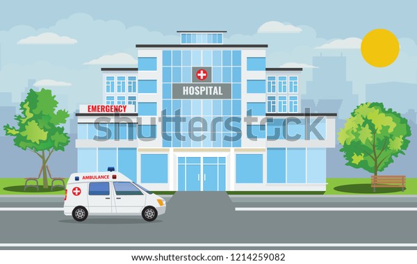 市街の風景と救急車の車を持つ医療病院の建物の外装 ベクターイラスト のベクター画像素材 ロイヤリティフリー