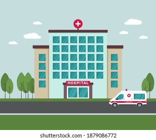 Edificio del hospital médico afuera. Un auto de ambulancia al lado del edificio del hospital. Vista exterior aislada de instalaciones médicas con árboles y nubes en el fondo. Ilustración vectorial plana