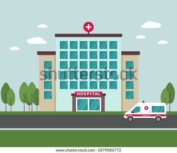 Medical hospital building outside. An\
ambulance car next to the hospital building. Isolated medical\
facility exterior view with trees and clouds on the background.\
Flat vector\
illustration