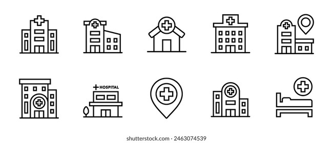 Medizinische Krankenhäuser und Klinikgebäude Icon Line Set Gesundheitswesen Baugeschäft Medizinische Hilfe Kreuz Vektorgrafik Umriss Schild Illustration