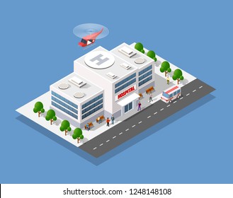 Clínica del Hospital Médico Isomtric 3d Construcción Salud Urbana de la arquitectura de la medicina Infraestructura ambulancia pediátrica y concepto de vivienda moderna ilustración
