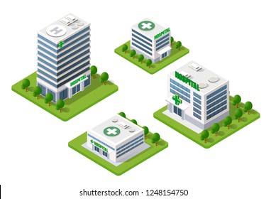 Medical Hospital Clinic Virus Epidemic 3d Building Health Urban Of Medicine Architecture Infrastructure Pediatric Ambulance And Modern House Concept Illustration