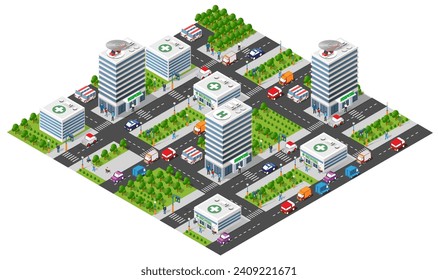 Medical Hospital clinic Virus epidemic 3d Building Health Urban of medicine architecture Infrastructure pediatric ambulance and modern house concept illustration