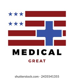 Medical, Hospital, Cross or Plus US, USA, United States or America Flag Icon Logo Design Template