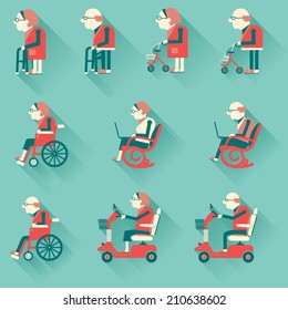 Medical hospital disabled equipments. Vector flat design icons of objects for pensioners