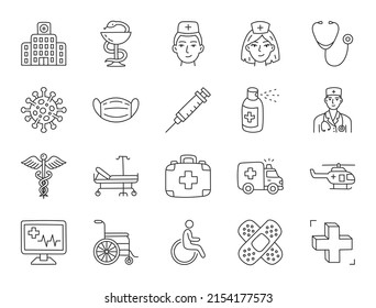 Medical hospital doodle illustration including icons - doctor, nurse, ambulance, wheelchair, caduceus, spray, syringe, bowl of hygeia, pharmacy. Thin line art about healthcare clinic. Editable Stroke.