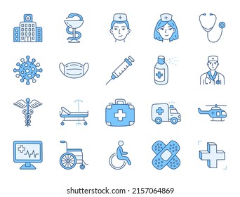 Medical hospital doodle illustration including icons - doctor, nurse, wheelchair, caduceus, spray, syringe, bowl of hygeia, pharmacy. Thin line art about healthcare clinic. Blue Color Editable Stroke