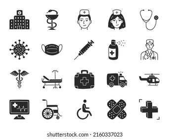 Medical hospital doodle illustration including flat icons - doctor, nurse, wheelchair, caduceus, spray, syringe, bowl of hygeia, pharmacy. Glyph silhouette art about healthcare clinic. Black Color