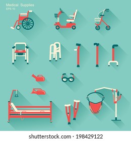 medical hospital equipment for disabled people. Vector flat design icons