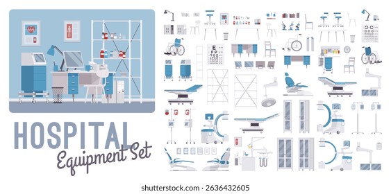 Medical and hospital equipment set, range of health system tools. Care to patient, diagnostic instruments, surgical devices, monitoring, rehabilitation, therapeutic apparatus kit. Vector illustration