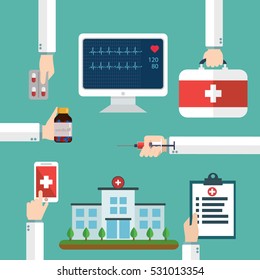 Medical And Hospital Flat Design Card With Hands .Vector Illustration