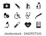 medical and hospital icon set, simple design, available outline, solid, and colored, contains symbols for injection, medicine, microscope, stethoscope, and others, editable vector Eps 10.