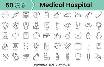 hospital médico paquete de Icons. Iconos de estilo punto lineal. Ilustración del vector