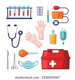 medical hospital items set. isolated cartoon medical instruments. first aid kit, gloves, flasks, tablets, syringe, pressure dispenser. vector illustration