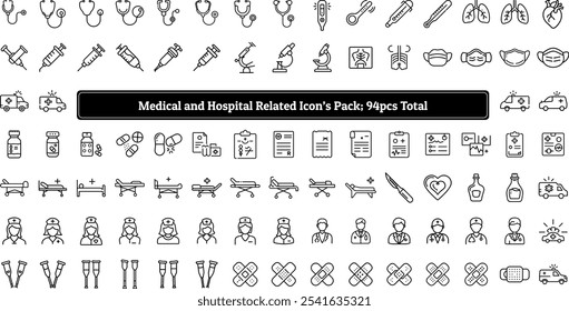 Médico e Hospital Relacionados Icons Pack, 94pcs Itens