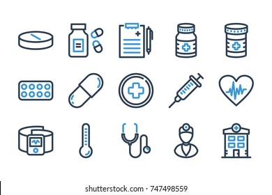 Medical and Hospital related line icon set. Healthcare and Ambulance vector set icons.