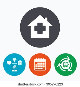 Medical hospital sign icon. Home medicine symbol. Mobile payments, calendar and wifi icons. Bus shuttle.