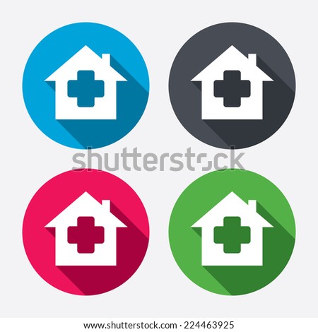 Medical hospital sign icon. Home medicine symbol. Circle buttons with long shadow. 4 icons set. Vector