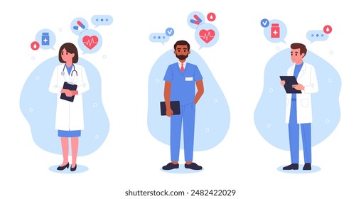 Medical hospital staff. Doctors characters, professional therapist, surgeon or neurologist, doctors wearing uniform flat vector illustration set. Hospital healthcare workers