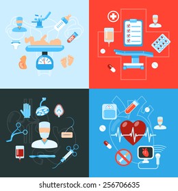 Medical Hospital Surgery Flat Icons Composition Of Baby Birth And Heart Rate Monitoring Abstract  Isolated Vector Illustration