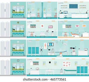 Medical hospital surgery operation room, post-operation ward, laboratory, medical check up interior room,ECG Test or cardiology center room interior, dental care , health care vector illustration.