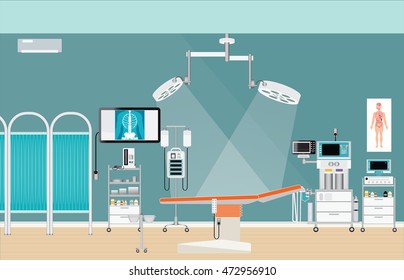 Medical Hospital Surgery Operation Room Interior At The Hospital, Health Care Characters Vector Illustration.