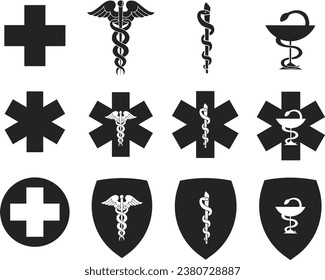 Medical hospital symbol vector icons set. Star of Life with cross, caduceus, Rod of Asclepius and pharmacy symbol Bowl of Hygieia. Isolated on white background. Logo sign concept. Vector illustration.