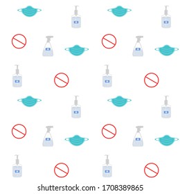 Medical hospital symbols, protection mask, disinfection gel, spray. Seamless isolated vector pattern background.