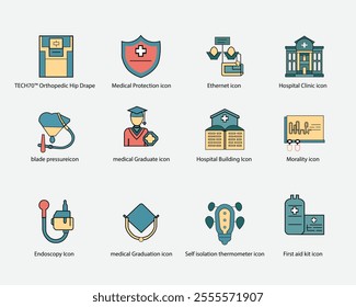 Medical and hospital vector icon set of 12 illustration