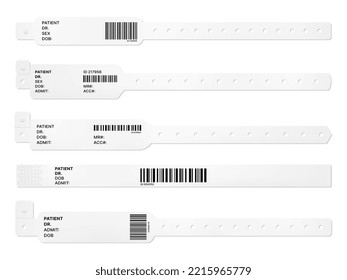 Medizinische Krankenhausaufseherin oder Armband. ID-Armbänder für Säuglinge, Kleinkinder oder Neugeborene, Identifikations-3D-Armbänder für Krankenhäuser oder realistische Vektorgrafik-Armbänder aus weißem Kunststoff mit Barcode