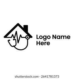 Medical house logo with stethoscope and heartbeat isolated on white