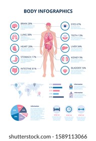 Medical human body infographics with internal organs icons, vector illustration isolated on white background. Healthcare presentation kit with charts and diagrams.