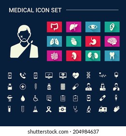 Medical human organs and medical icon set with sad face on dark background