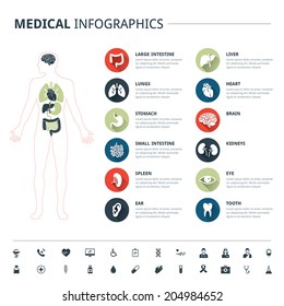 Medical human organs and medical icon set with human body on white background
