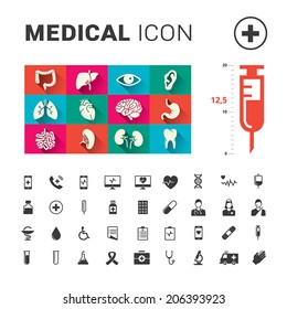 Medical human organs and medical icon set with big syringe