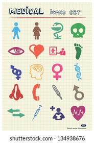 Medical and human web icons set drawn by color pencils. Hand drawn vector elements pack isolated on paper