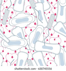 Medical hygiene conception pattern. Seamless vector pattern with menstruation sanitary pads, blood drops and cotton tampons