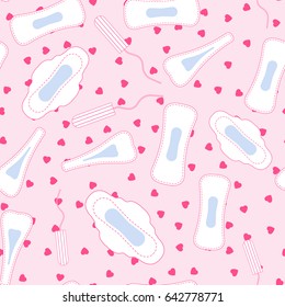 Medical hygiene conception pattern. Seamless vector pattern with menstruation sanitary pads, red hearts and cotton tampons