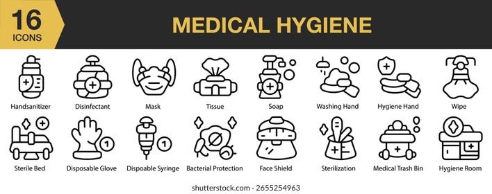 Conjunto de iconos de higiene médica. Incluye higiene, medicina, salud, prevención, enfermedades y más. Colección de Vector de iconos de contorno.