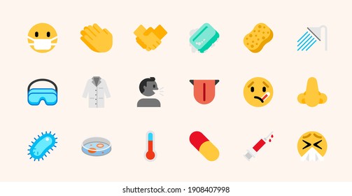 Medical and Hygiene vector illustrations icons set. Virus protection tips, self care rules, cleaning, medicine, hygiene isolated symbols collection