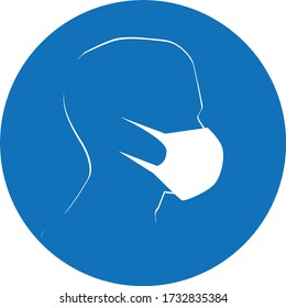 Medical Hygienic Face mask on man for highly Air pollution and protect coronavirus, Dust hazard protection equipment vector icon isolate on blue background. Mandatory surgical mask sign vector