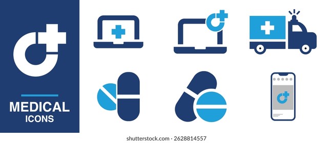 Medical icon. Ambulance, pill, phone sign telemedicine icon set.