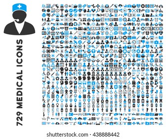 Medical Icon Clipart with 729 vector icons. Style is bicolor blue and gray flat icons isolated on a white background.