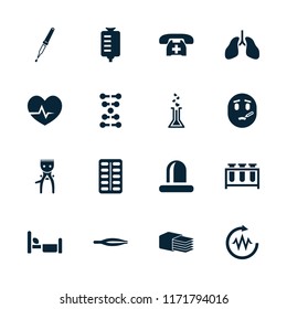 Medical icon. collection of 16 medical filled icons such as tweezers, drop counter, siren, pipette, dna, hair removal, sick emot. editable medical icons for web and mobile.