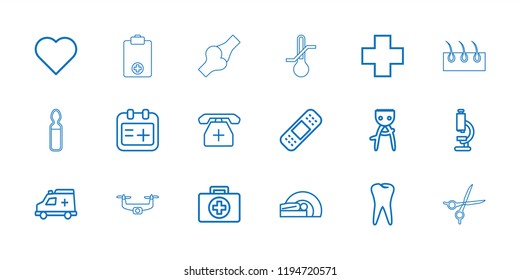 Medical icon. collection of 18 medical outline icons such as hair removal, microscope, heart, first aid, bandage, tooth, ambulance. editable medical icons for web and mobile.